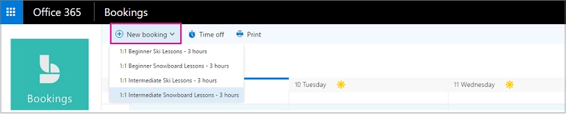 New booking — select the service from the dropdown