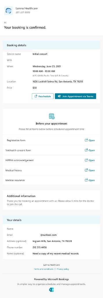 Booking confirmation email