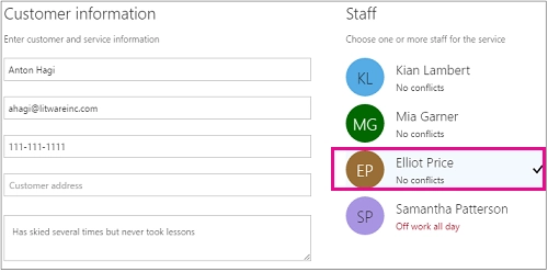 Customer information and staff selection