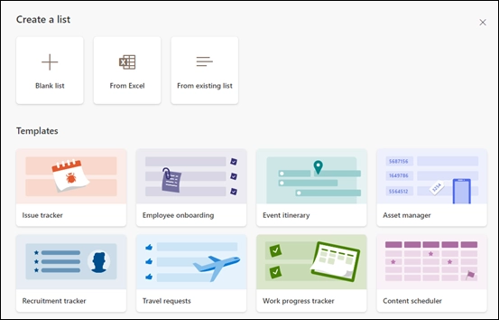 Create a list — Blank list, From Excel, From existing list, and Templates