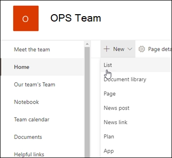 Create a list — select + New > List