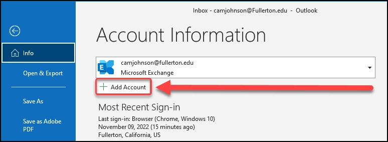 Outlook — Account Information and Add Account