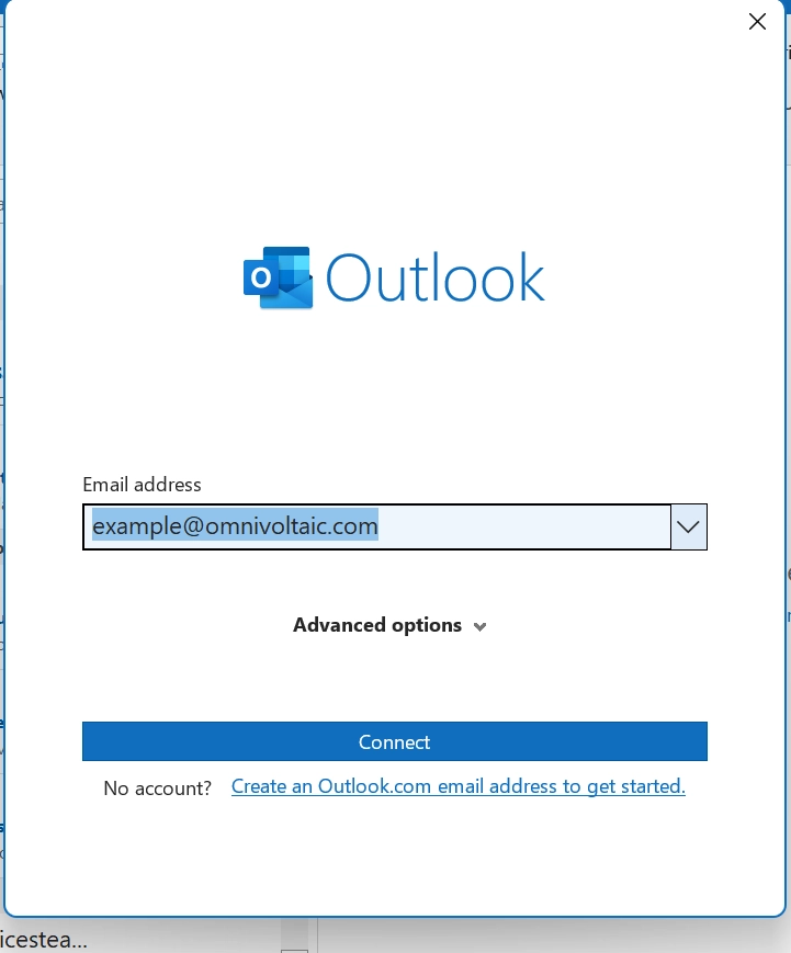 Outlook — enter email and Connect